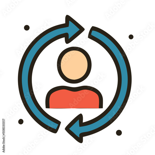Person inside a rotating circle with two clockwise arrows. Perfect for illustrating movement, change, progress, innovation, and dynamic concepts.