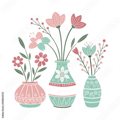 A set of color Clay Flower  Vases white clean background 
