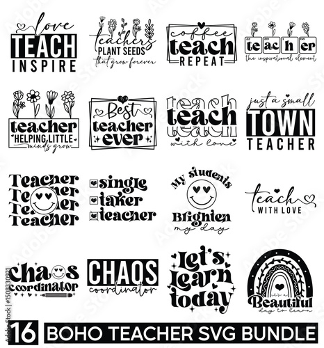 Boho Teacher Svg Png Bundle, Teacher Teach Inspire Love Svg, Coffee Teach Repeat Svg, Small Town Teacher Svg, Teachers Plant Seeds Svg Png Art & Illustration