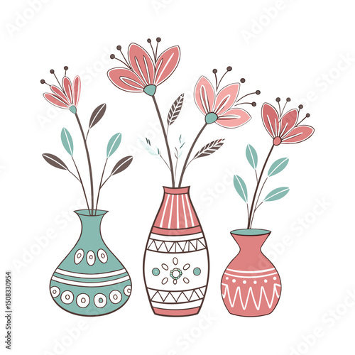 A set of color Clay Flower  Vases white clean background 
