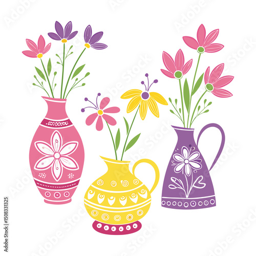 A set of color Clay Flower  Vases white clean background 