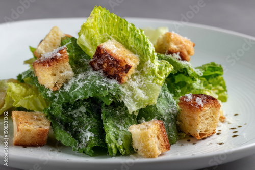 Crisp romaine with rustic croutons and a snowy flurry of Parmesan, evoking Festivus feasting and mindful culinary artistry photo