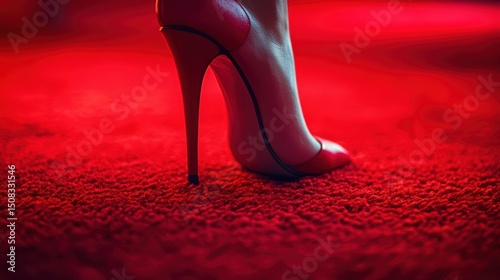 Sexy high heel stiletto shoes on red carpet,Catwalk of beautiful models outdoors,Woman wearing red high heels,open fashion show concept.