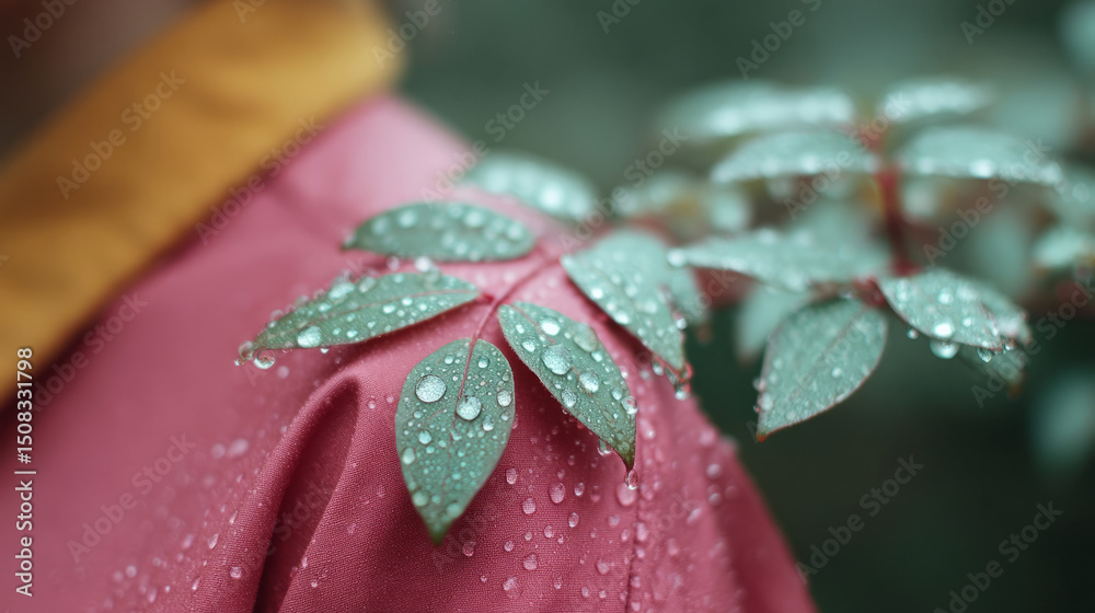 Raindrops dance on emerald leaves over fuchsia fabric, evoking Monsoon Festival renewal and Earth Day's ecological embrace Raindrops dance on emerald leaves over fuchsia fabric, evoking Monsoon Festival renewal and Earth Day's ecological embrace