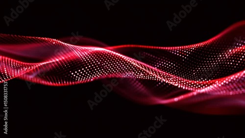 Red dots connected in a wave shape on dark backdrop, abstract digital mesh and tech flow visualization of data within a network grid system