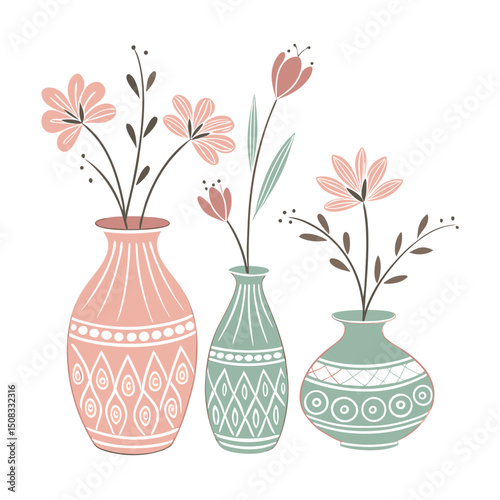 A set of color Clay Flower  Vases white clean background 