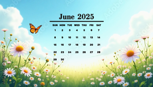 June 2025 calendar on a vibrant summer meadow background with blooming daisies and fluttering butterflies. Bright, seasonal, and nature-inspired design.