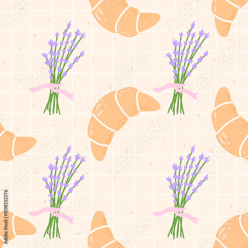 Kawaii croissant and lavender Seamless pattern with floral and French bakery elements. Hand-drawn vector on a pastel plaid background for cute textile and wrapping