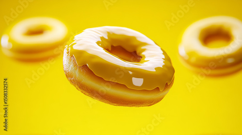 Fluffy lemon-glazed donuts levitate amidst sunny hues, reminiscent of La Tomatina festival's joyful mayhem and whimsical indulgence