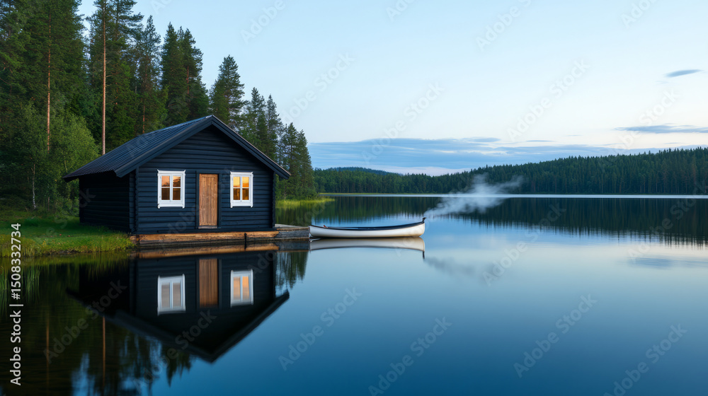 Fototapeta premium Cozy lakeside cabin mirrors on tranquil Finnish waters, Nordic midsummer silence evokes serenity, hygge retreat, peaceful reflection
