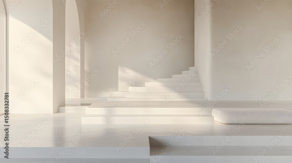 Naklejka premium Minimalist interior design featuring curved stairs and soft lighting.