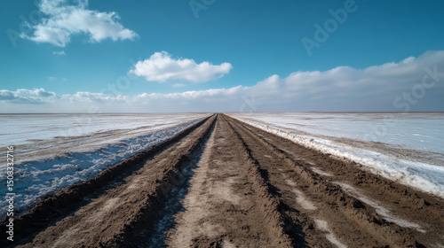 Endless snow-bordered dirt road vanishes into azure horizon, capturing winter's solitude; resonates with World Snow Day and Tranquility Week photo