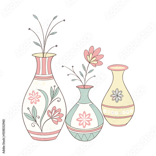 A set of color Clay Flower  Vases white clean background 
