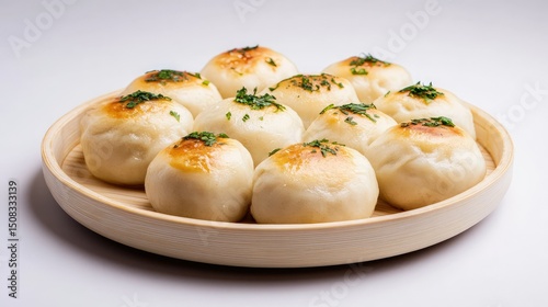 Boiled dumplings resting on a round plate, soft and fresh, set on white table with no distractions