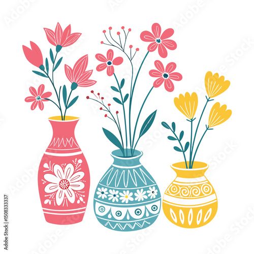 A set of color Clay Flower  Vases white clean background 