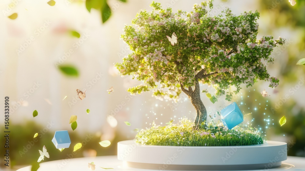 Obraz premium Lush tree crowns a digital Earth, with drifting leaves and blue cubes adding contrast on a white stage