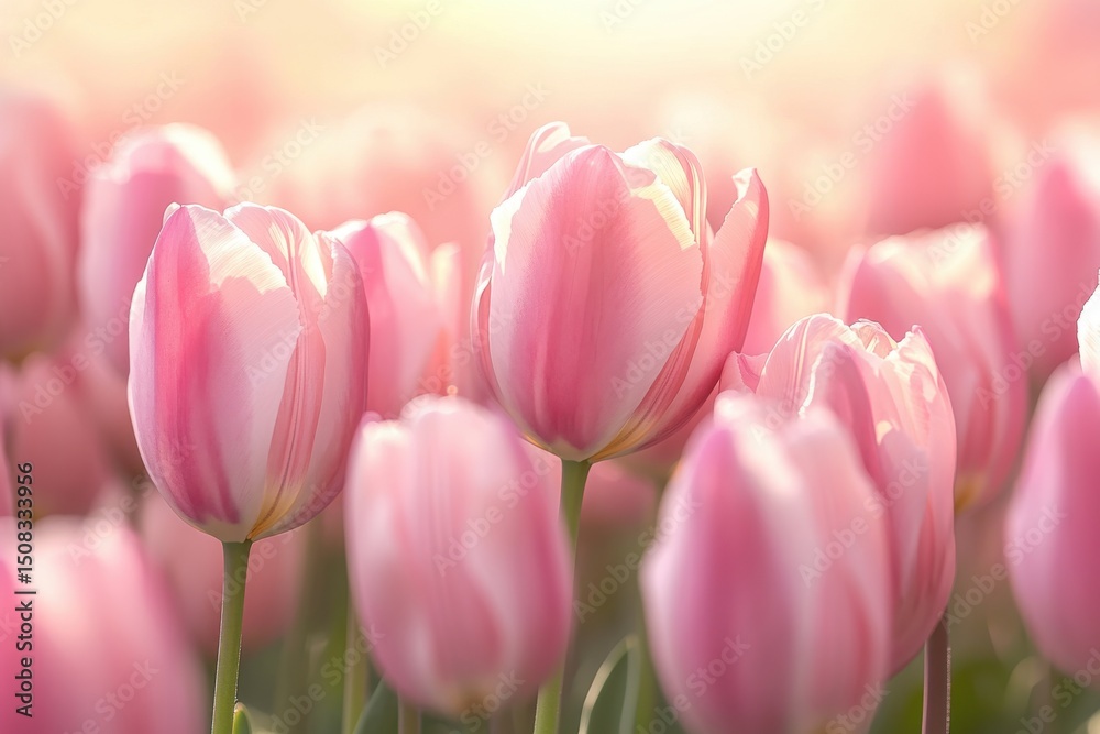Fototapeta premium Soft pink tulips in a field at sunset.