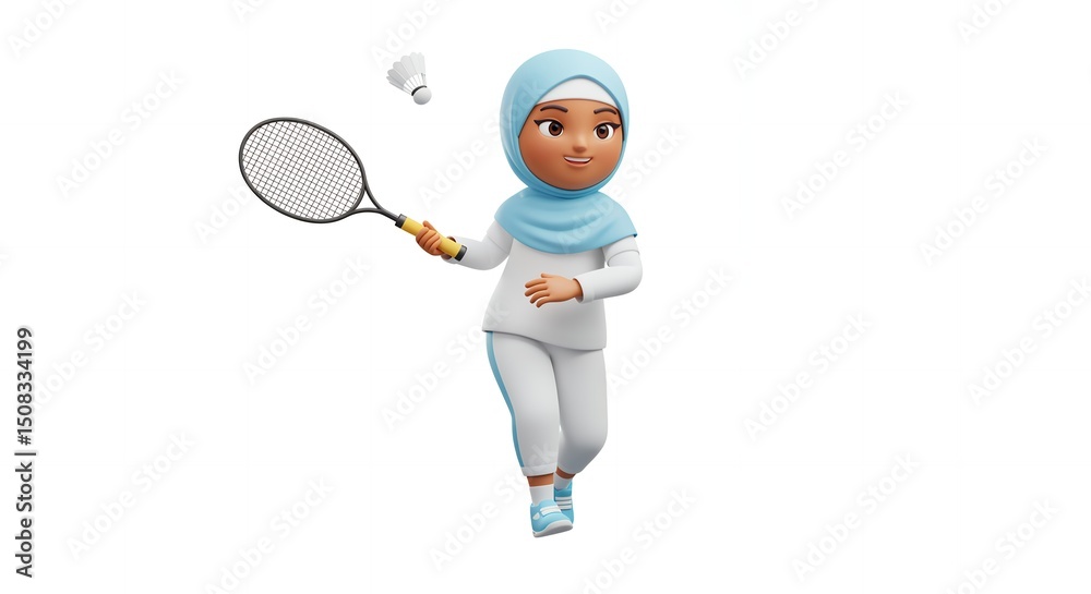 Fototapeta premium Energetic Hijab Cartoon Girl Playing Tennis in Light Blue Outfit – Inspiring Active Muslim Kids in Sports