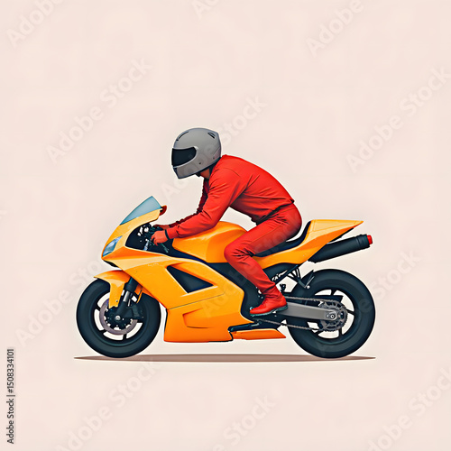 Motorcyclist riding motorcycle, wheels spinning fast, clean isolated background