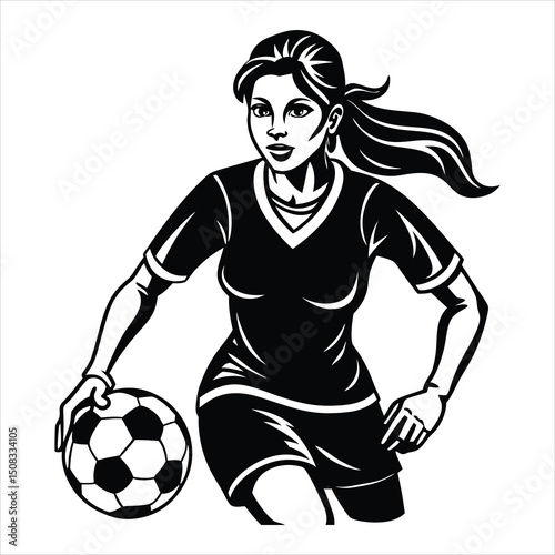 Woman soccer player with ball, isolated on white background. Vector illustration.
