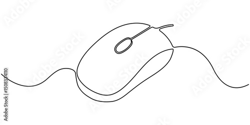 Mouse computer one continuous single line art drawing. Minimal art style. Computer mouse equipment continuous line art illustration, Computer mouse continuous one line drawing, Drawn continuous one.