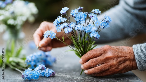 Delicate hands arranging beautiful blue forget-me-not flowers on a rustic table, showcasing the beauty of nature and the art of floral design