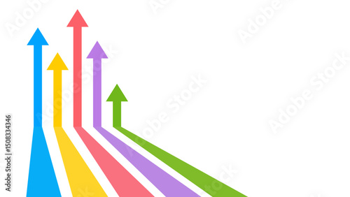 Five arrows of different colors point upward, some more advanced than others, symbolizing varying levels of progress and growth.
