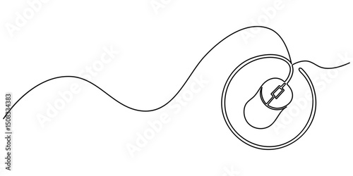 Mouse computer one continuous single line art drawing. Minimal art style. Computer mouse equipment continuous line art illustration, Computer mouse continuous one line drawing, Drawn continuous one.