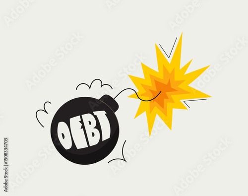 Playful explosive bomb with DEBT inscription. Equating debt to a financial time bomb. Explosive object drawn by hand in comic style with visual effects such as flash