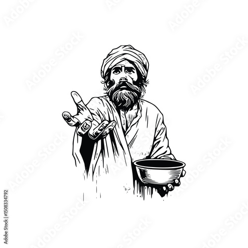 Vector art of Indian beggar with bowl isolated on white background, illustration of a man in need