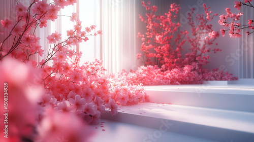 Soft pink cherry blossom branches framing a round white podium on a seamless white background 