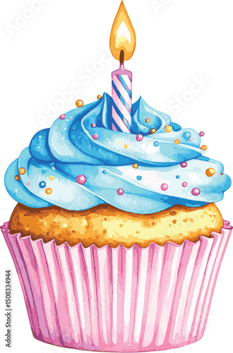 Watercolor cupcake with blue icing and birthday candle, festive treat for birthday celebration, watercolor illustration