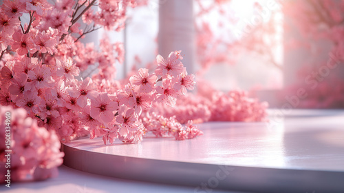 Soft pink cherry blossom branches framing a round white podium on a seamless white background 