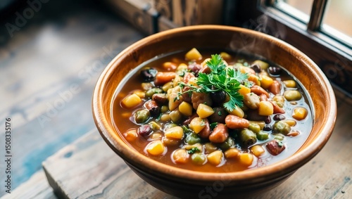 Three Sisters Stew large bowl fresh herbs natural light window steam texture corn beans squash  
