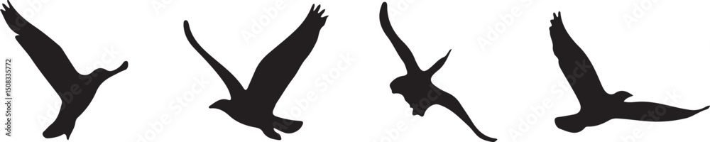 Obraz premium Soaring Silhouettes: A captivating sequence of bird silhouettes gracefully gliding through the vast expanse. Experience the raw freedom and delicate beauty of avian flight.
