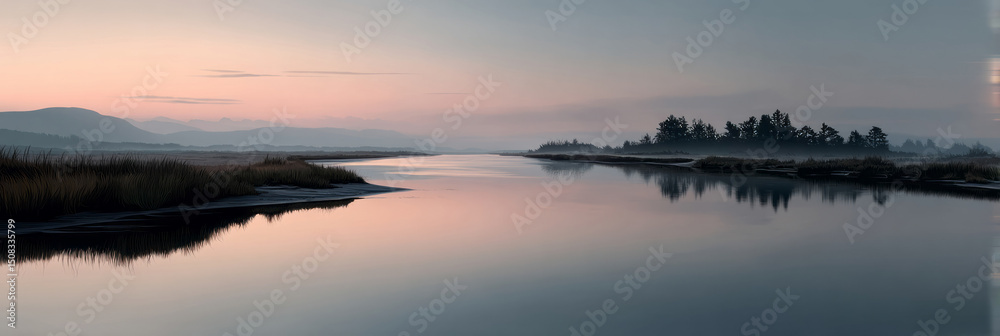 Fototapeta premium Dreamy twilight river mirrors dawn's blush, mystical autumn equinox reflections, Nordic serenity, whispers of Mabon tranquility