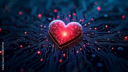 Futuristic background featuring a glowing red heart on a high-tech platform with LED lights and holographic elements. Red heart on the black background