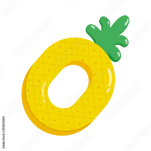 Pineapple inflatable swimming ring for swimming pool or sea vector flat cartoon illustration isolated on white. Swimming pool toy. Summer floating swim rings top view. Rest or relax on sea water.