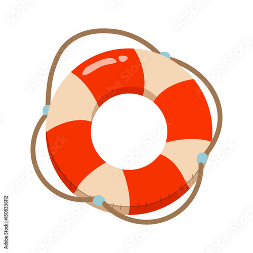 Red life buoy. Rescue belt, inflatable rubbers lifebuoy ring with rope for help and safety of life drowning vector flat cartoon illustration isolated  on white. Summer floating swim rings top view.
