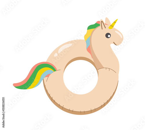 Unicorn inflatable swimming ring for swimming pool or sea vector flat cartoon illustration isolated on white. Swimming pool circle toy. Summer floating swim rings top view. Rest or relax on sea water.