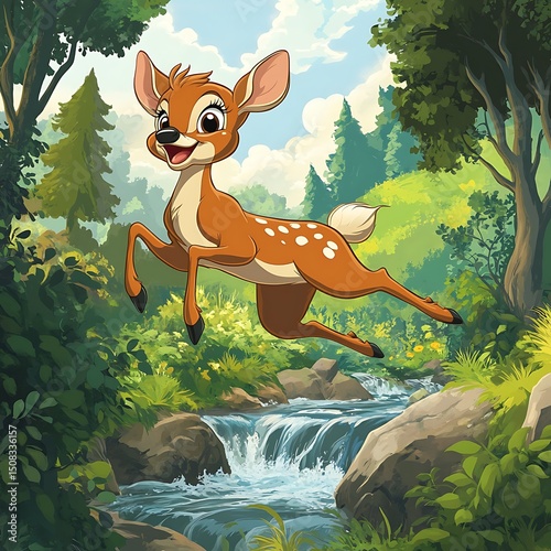 A fawn leaps through a tranquil forest scene.