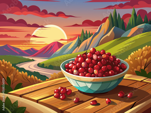 vector of A bowl of juicy pomegranate seeds sits on a wooden surface against a stunning sunset backdrop of rolling hills.