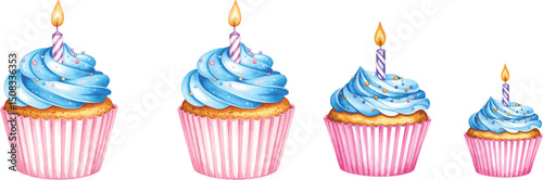 Watercolor cupcake with blue icing and birthday candle, festive treat for birthday celebration, watercolor illustration