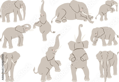 Hand-drawn elephant illustrations showcasing various poses and interactions