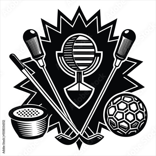 Golf club emblem with golf ball, clubs and bag of golf