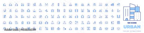 100 Urban Icons Collection. Line Duotone style, editable stroke. hospital, town hall, streetlight, office building, city, architecture and city, skyscraper, buildings, construction, park, property