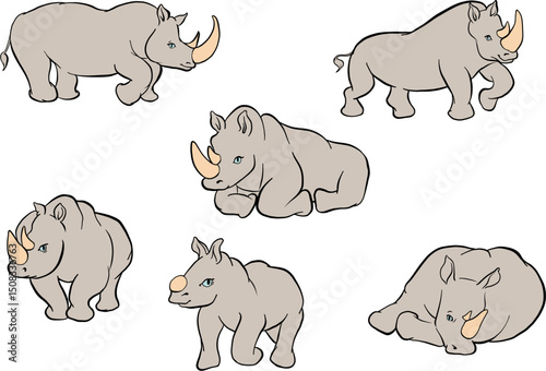 Hand drawn rhinoceros illustration collection featuring various poses and expressive designs