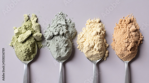 Four spoons cradle pastel-hued powder mounds, echoing chromatic culinary creativity and World Baking Day extravagance photo
