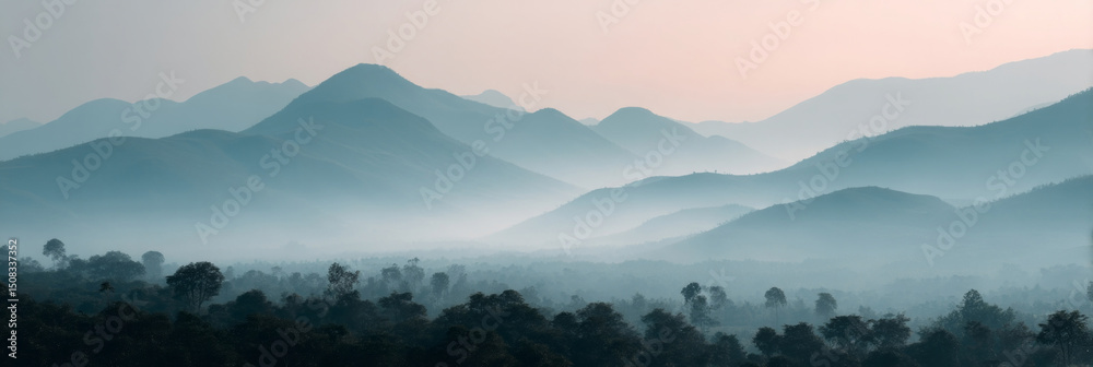 Fototapeta premium Dreamy mist envelops verdant mountains, evoking serenity, meditation retreats, and the ethereal allure of International Mountain Day