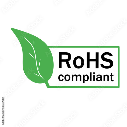 RoHS compliant sign icon, with green leaf on the left isolated on white background. vector illustration